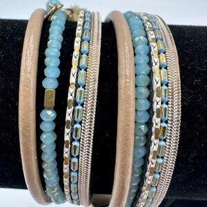 Multi-strand beaded and leather wrap bracelet
